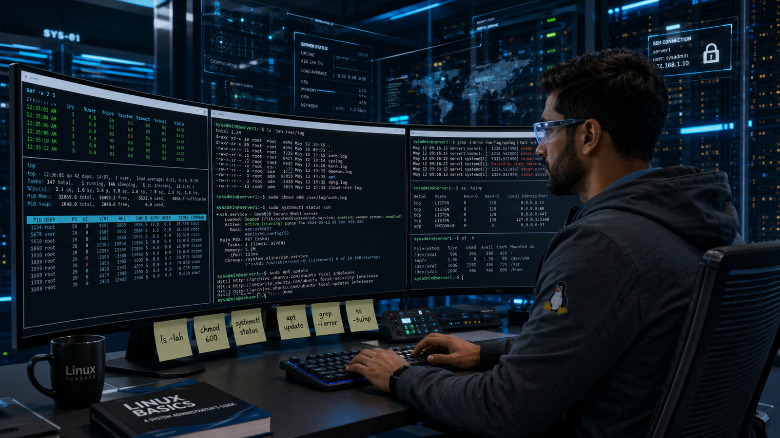 Linux system administrator using futuristic terminal commands in a modern server room