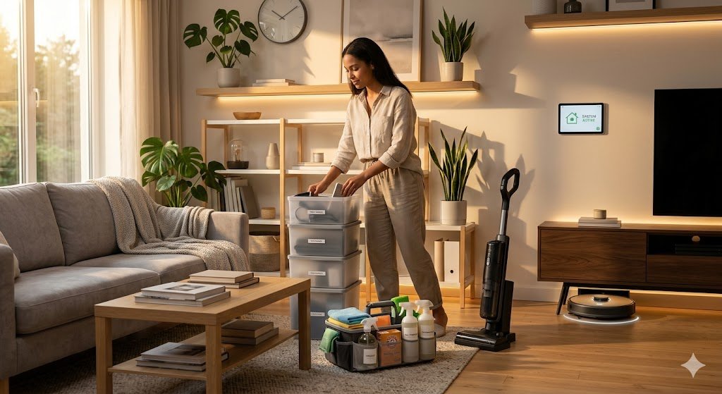 Modern family home kitchen and living space being cleaned efficiently with smart cleaning tools and natural supplies