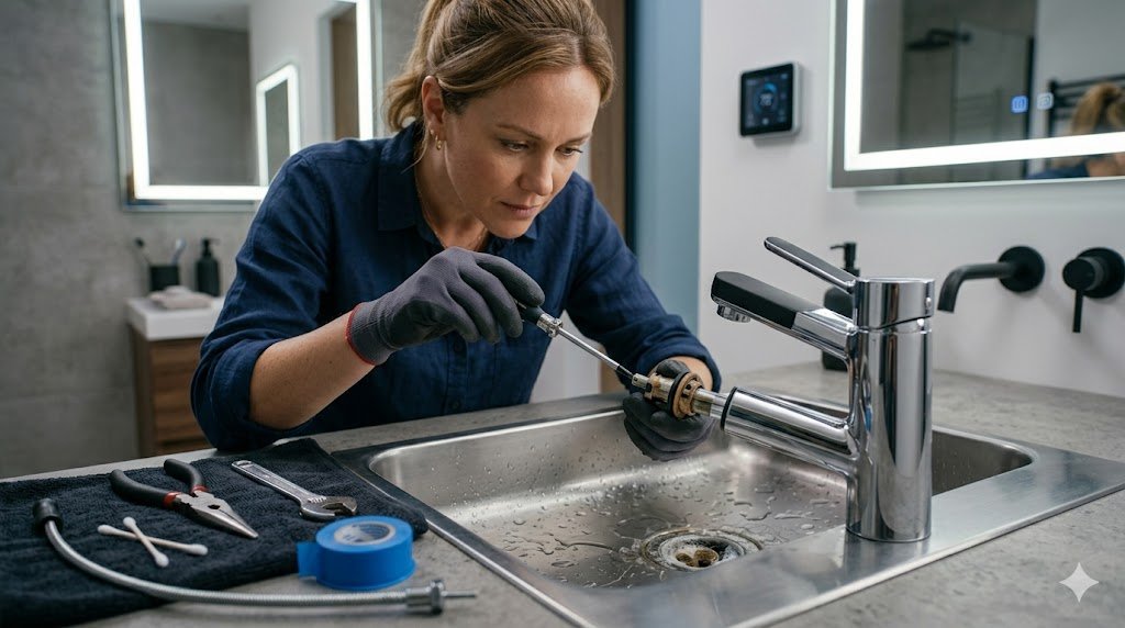 Homeowner fixing a modern leaking sink tap with plumbing tools in a stylish futuristic kitchen