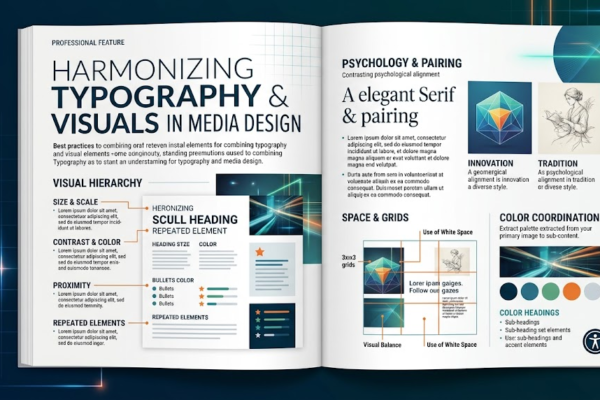 A professional open magazine spread demonstrating typography design principles like visual hierarchy, font pairing, and grid alignment with technical diagrams and imagery.