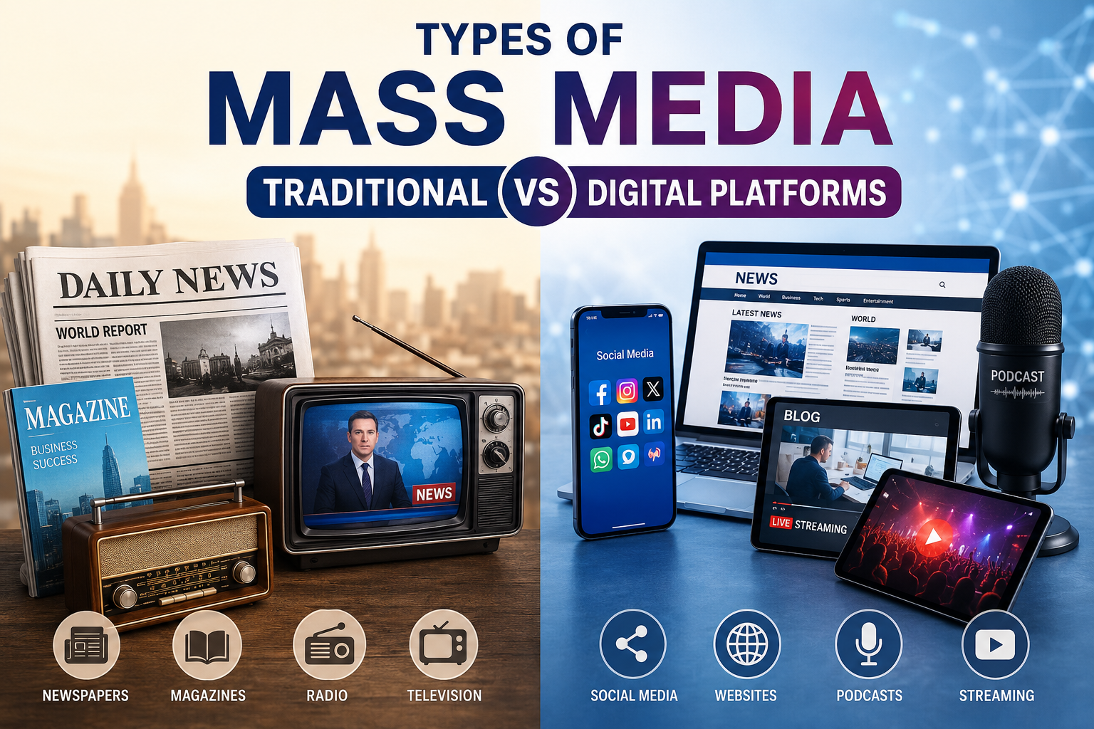 Types of Mass Media including newspapers, television, radio, smartphones, and social media icons