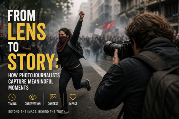 Photojournalist capturing a decisive moment during a live news event, showing timing, emotion, and visual storytelling.