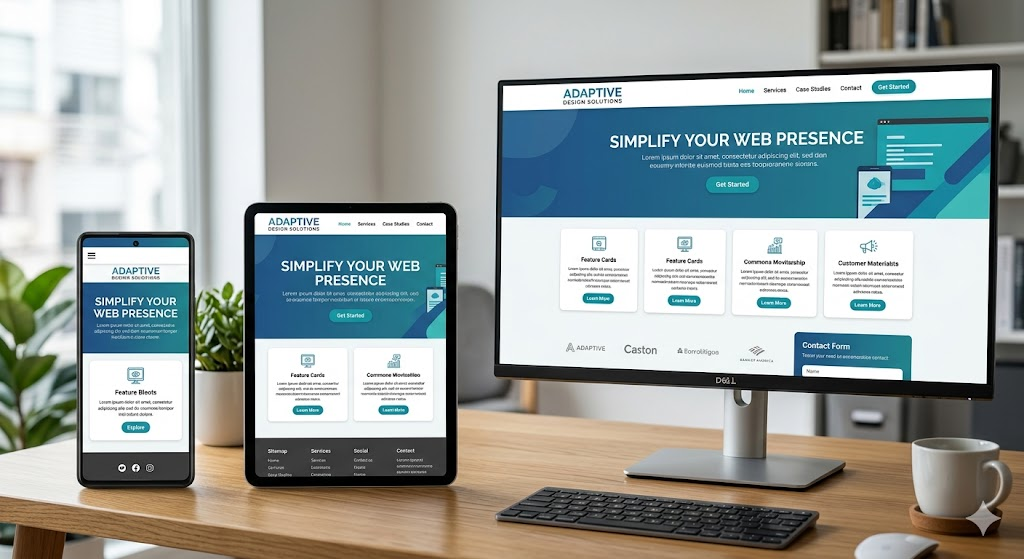 A visual representation of responsive web design adapting to smartphone, tablet, and desktop screens.