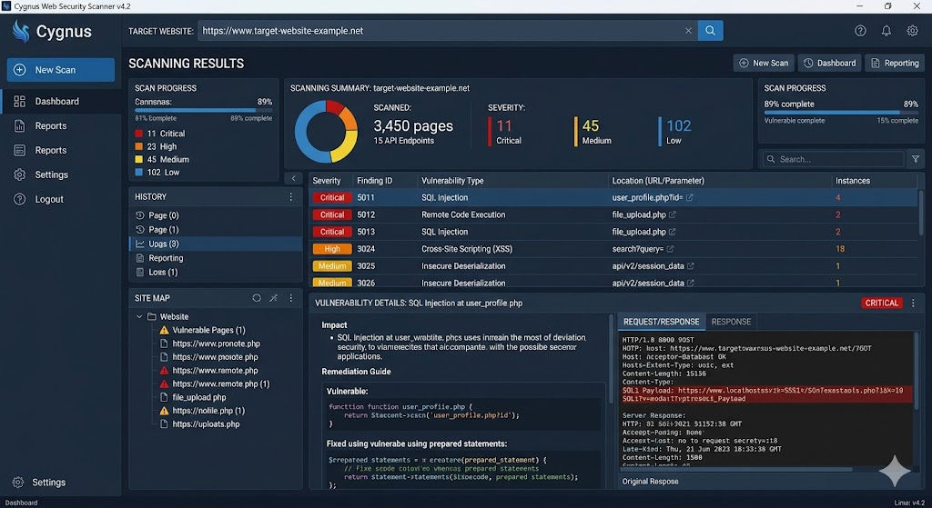 Screenshot of a website security tool dashboard displaying vulnerability scanning results.