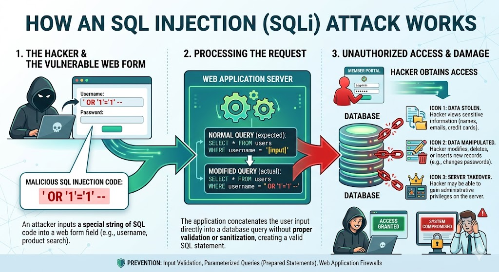 Infographic showing how SQL injection attacks exploit vulnerabilities in a web form to access databases.