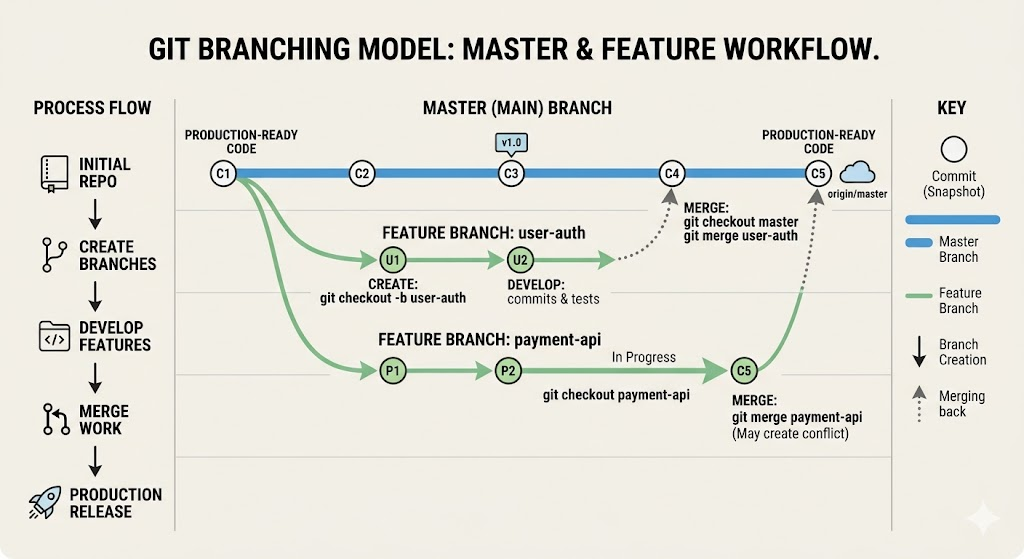 Diagram showing Git branching with main and feature branches and their merge process.
