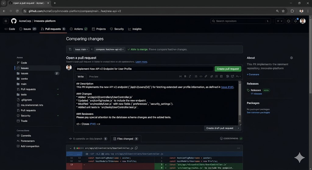 GitHub repository interface showing pull requests and project details.