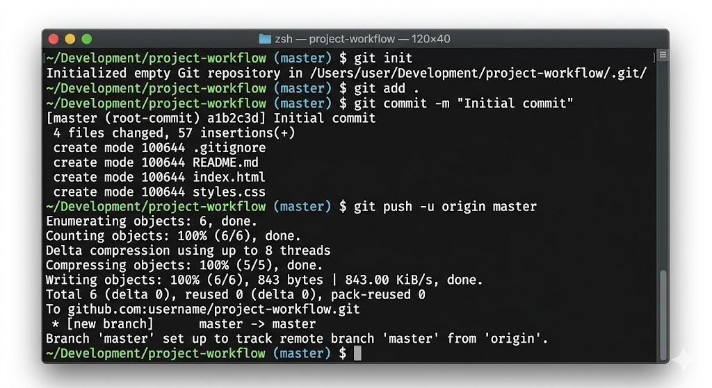Git command line interface showing commit history and common Git commands.