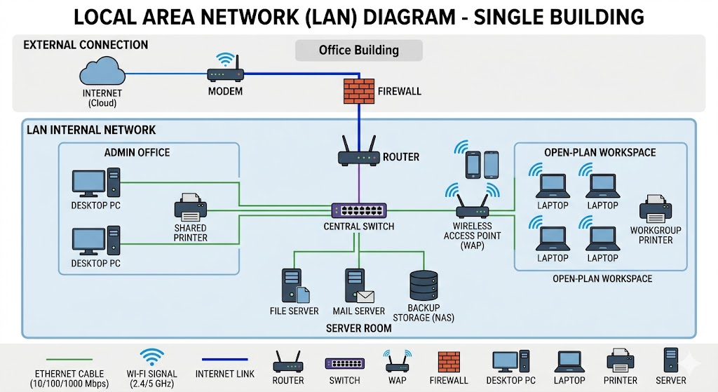 Diagram of a Local Area Network connecting devices within a building.