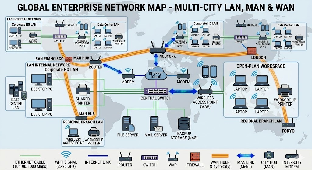 Wide Area Network and Metropolitan Area Network connecting multiple local networks across cities