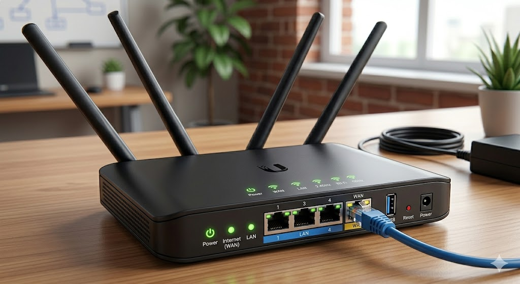 A modern router used in computer network systems to manage data traffic.