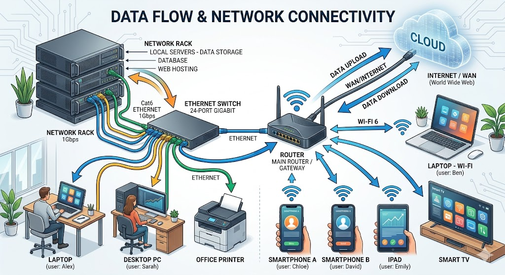 Diagram of interconnected devices forming a computer network with data flow directions.