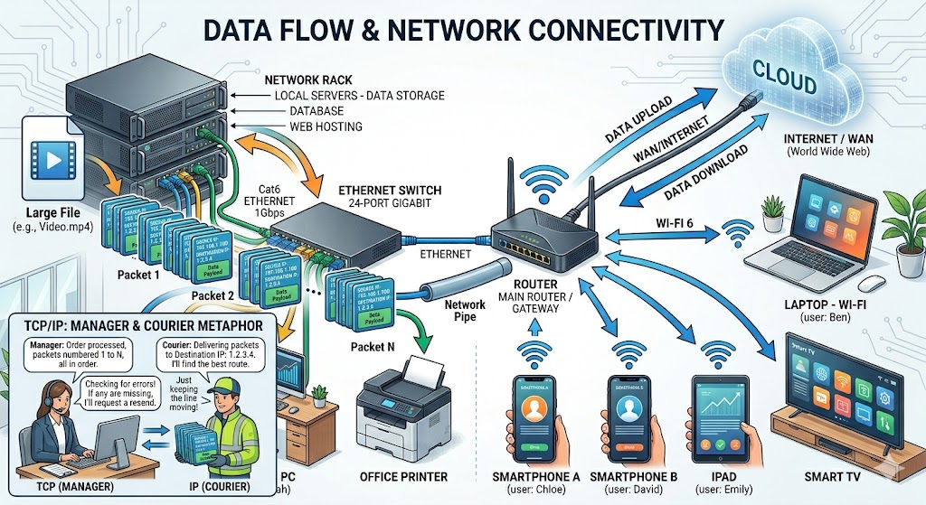 Illustration of a digital file split into packets with TCP/IP headers for network transmission.