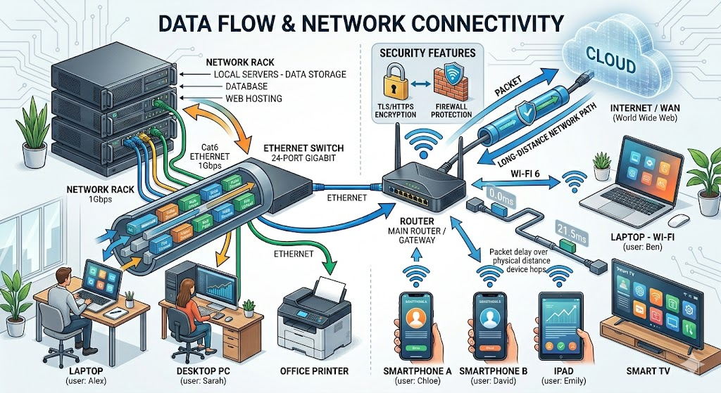 Visualization of bandwidth, latency, and network security including encrypted VPN, firewall, and TLS encryption.