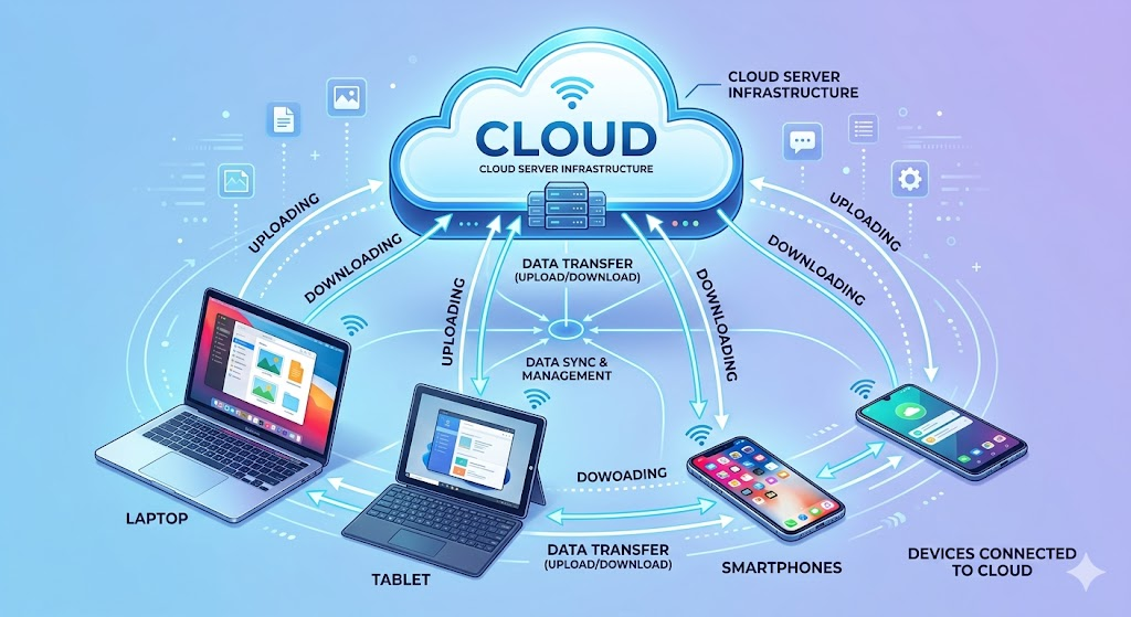 Cloud network connecting multiple devices to virtual servers for storage and applications