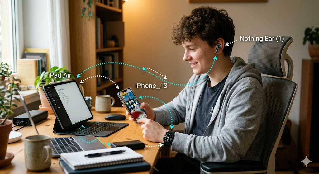 Personal Area Network connecting smartphone, smartwatch, earbuds, and tablet wirelessly