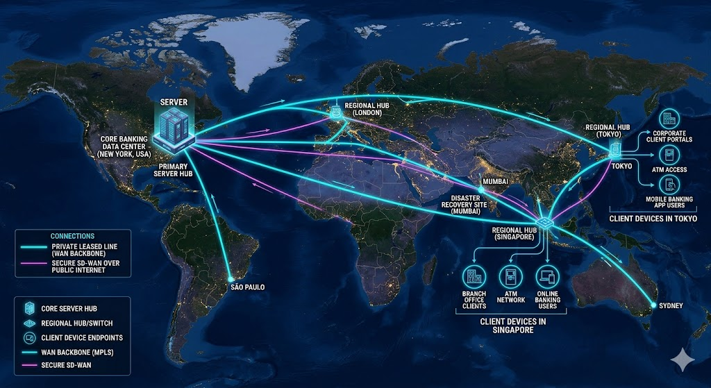 Wide Area Network connecting multiple global offices and servers across continents