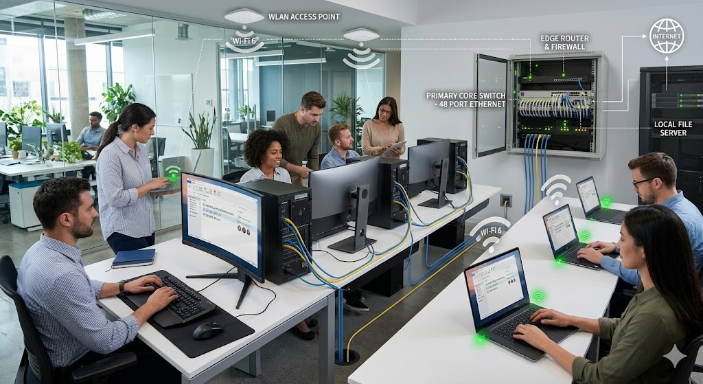 Local Area Network connecting office computers and devices for file sharing and collaboration