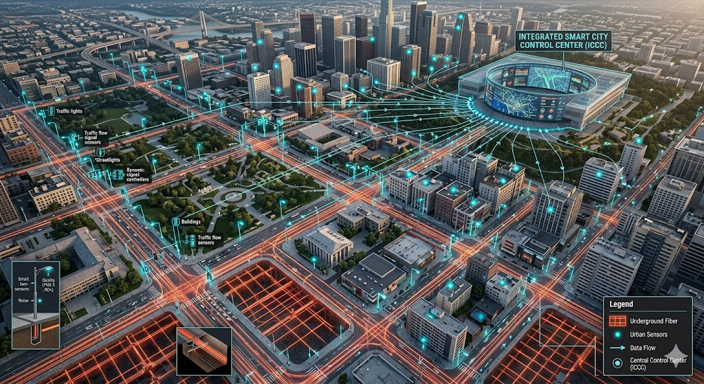 Metropolitan Area Network linking city infrastructure and sensors to a central control center