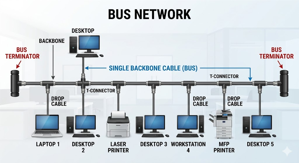 Bus network topology showing devices connected along a single backbone cable