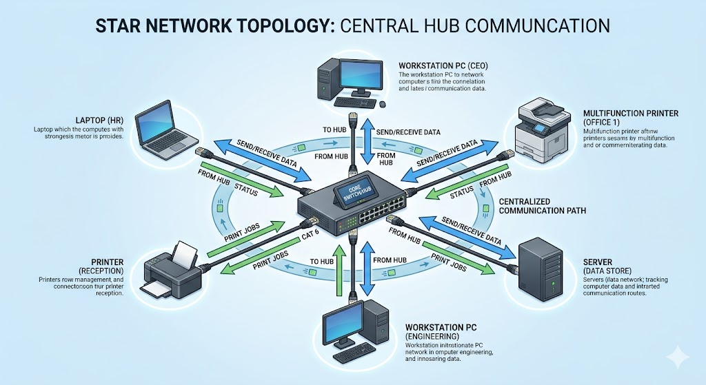 Star network topology with devices connected to a central hub