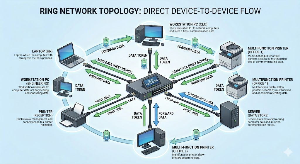 Ring network topology showing devices connected in a circular loop