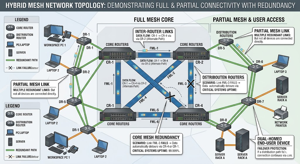 Mesh network topology with devices interconnected for fault tolerance