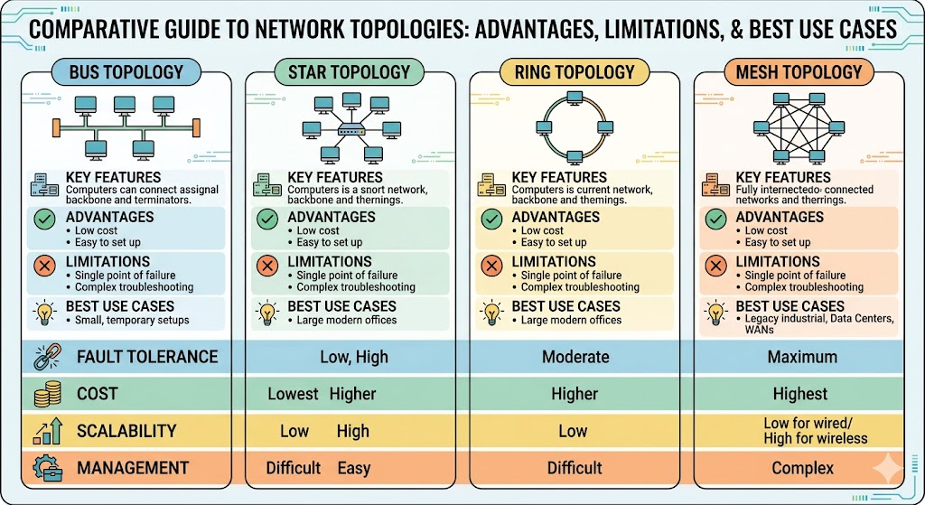 Comparison infographic of bus, star, ring, and mesh network topologies