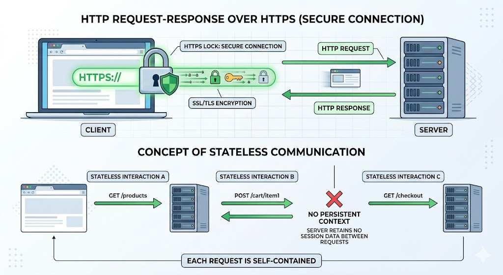 HTTP/HTTPS request and response flow between web browser and web server with secure connection