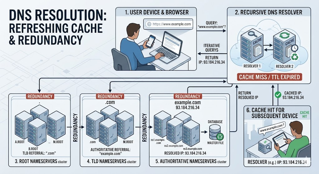 Domain Name System (DNS) resolving a website URL into an IP address with multiple servers