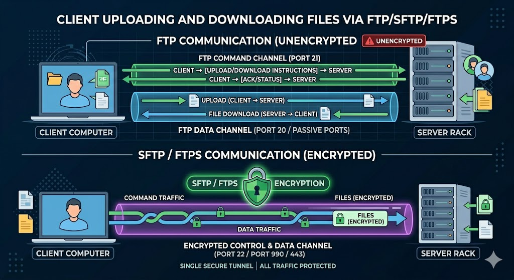 File Transfer Protocol (FTP) showing client-server file upload and download with secure transfer