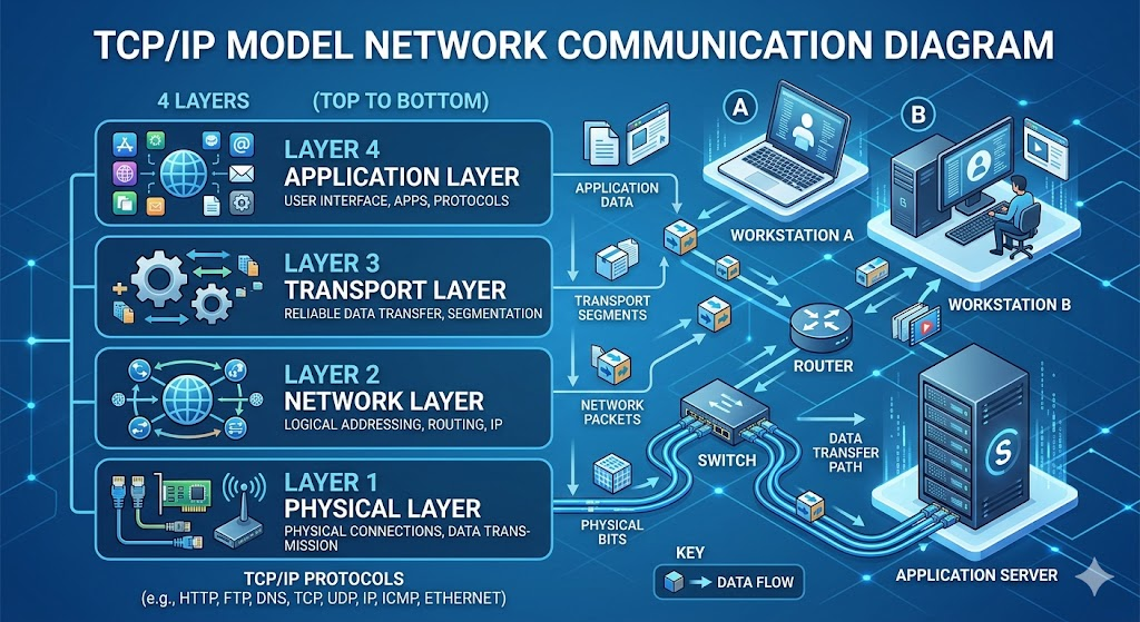 Diagram showing OSI and TCP/IP network protocol layers enabling communication between devices