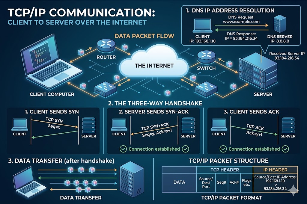 TCP/IP protocol illustrating packet transfer and three-way handshake between client and server