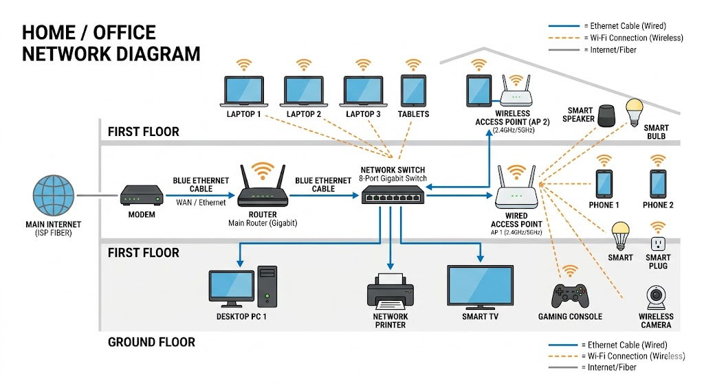 Comparison of wired Ethernet and wireless Wi-Fi network connections in a home/office environment.