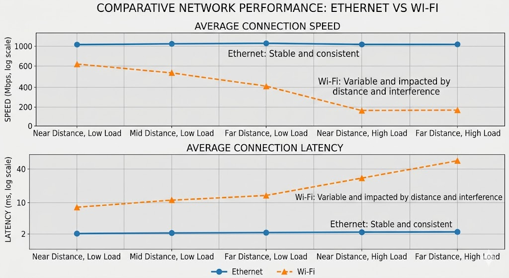 Graph comparing network speed and latency of wired Ethernet and wireless Wi-Fi connections.