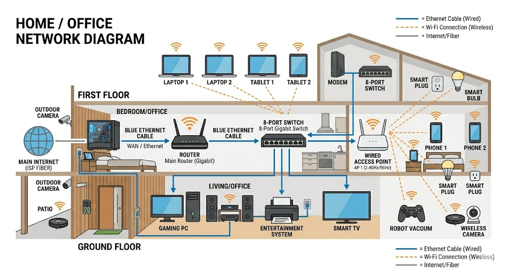 Hybrid home network showing wired connections for stationary devices and wireless Wi-Fi for mobile devices.