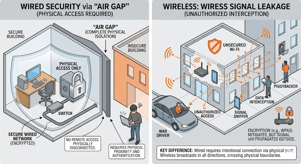 Illustration of wired air-gap security and wireless signal vulnerability outside a building.