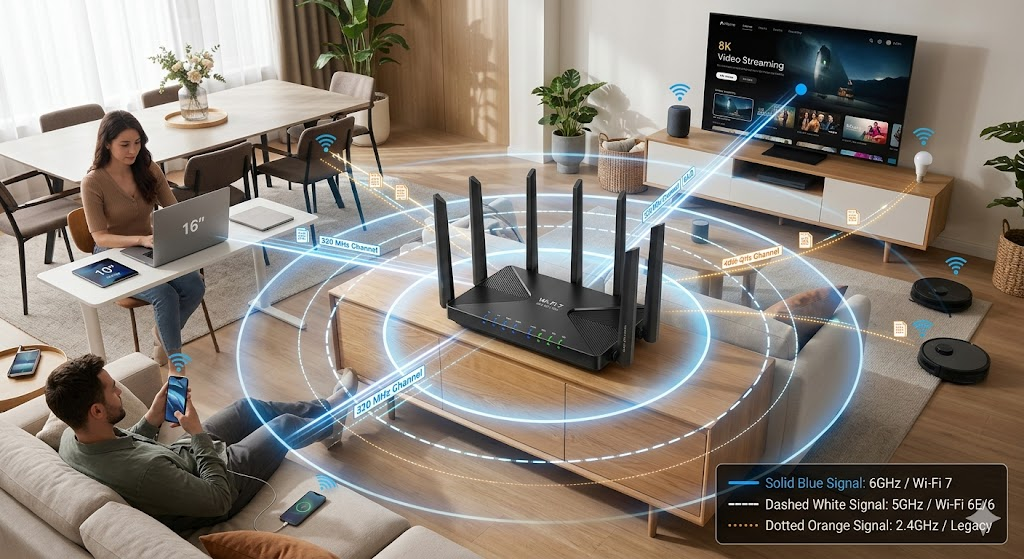 Wireless Wi-Fi router connecting multiple devices in a home or office environment.