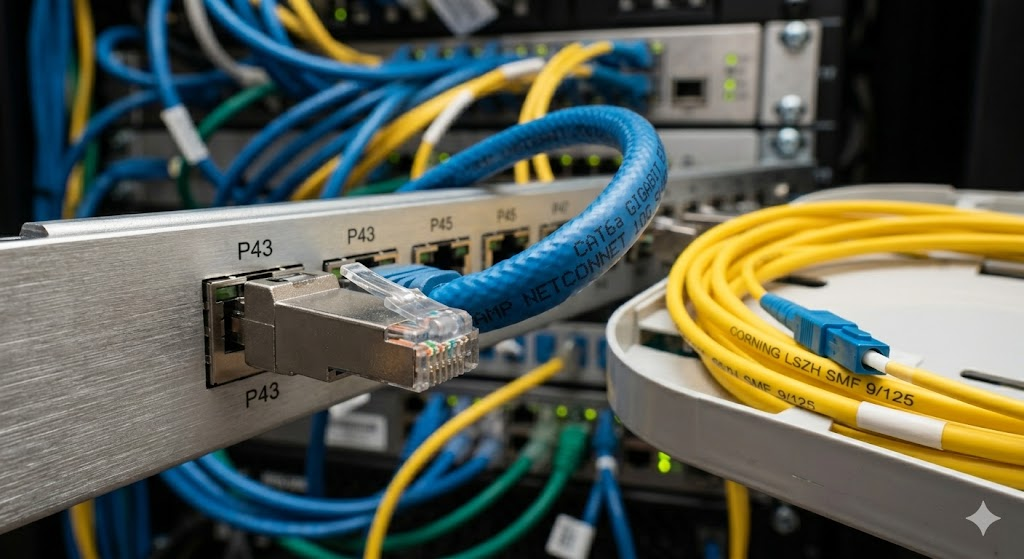Close-up of Cat6a Ethernet cable and fiber optic cable for high-speed wired networking.