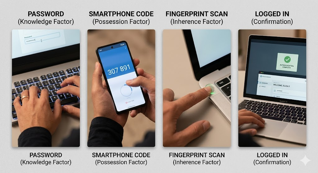 Multi-factor authentication using password, smartphone code, and fingerprint verification.