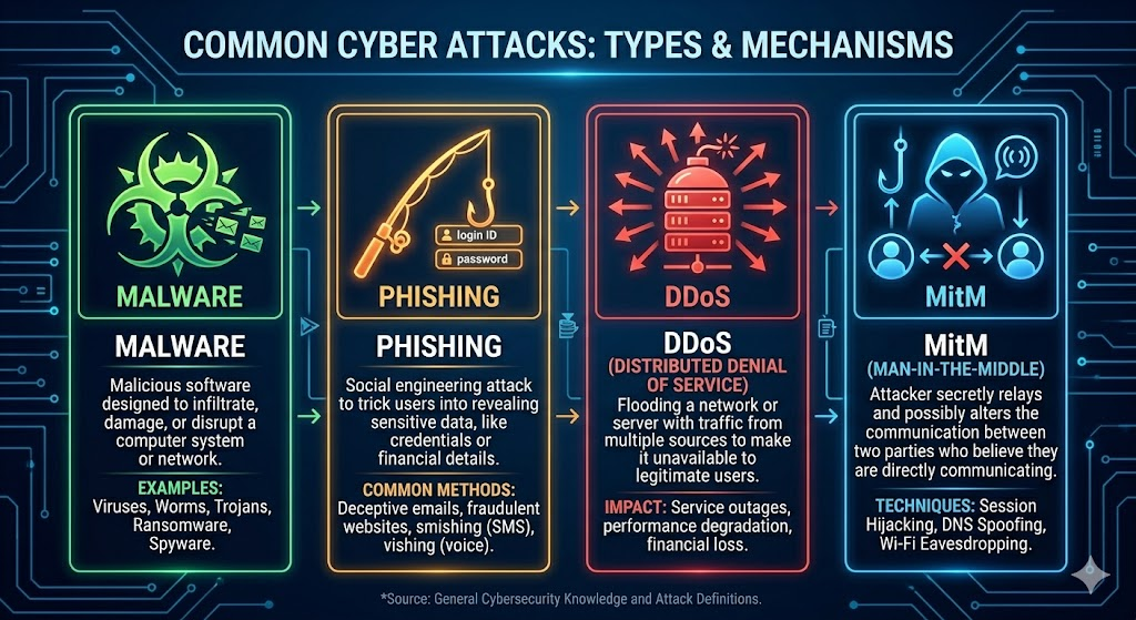 Chart showing common cyber threats including malware, phishing, DDoS, and MitM attacks.