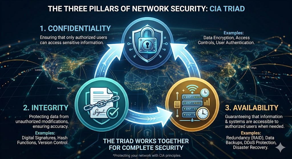 CIA Triad diagram showing confidentiality, integrity, and availability in information security.