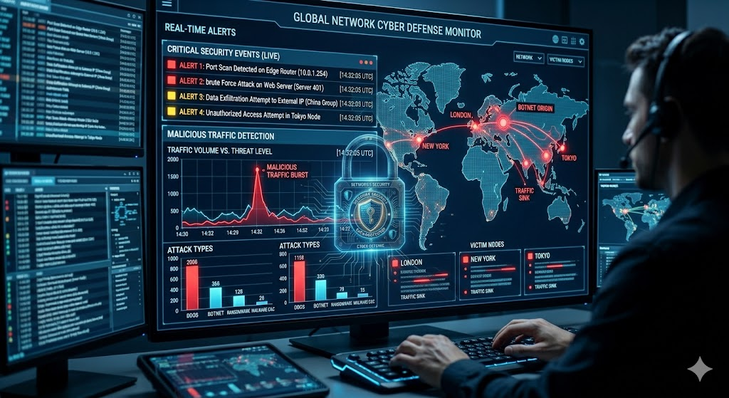 Intrusion Detection and Prevention System dashboard showing network traffic monitoring and alerts.