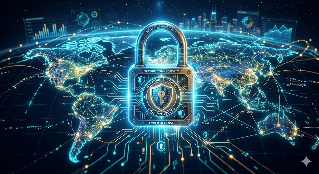 Illustration of network security protecting data across a digital network.