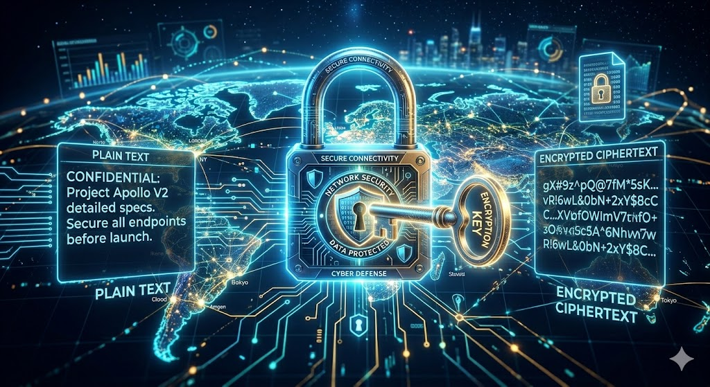 Visual representation of encryption converting readable data into ciphertext.
