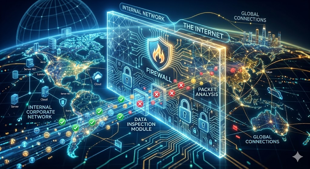 Firewall protecting internal network by inspecting incoming and outgoing data packets.