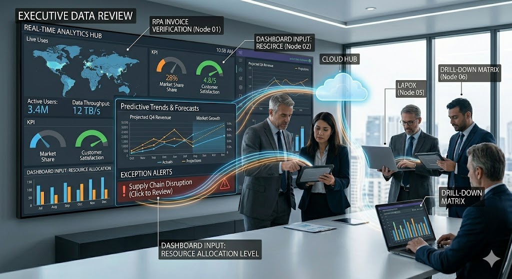 Executives analyzing real-time data on networked analytics dashboard for decision making