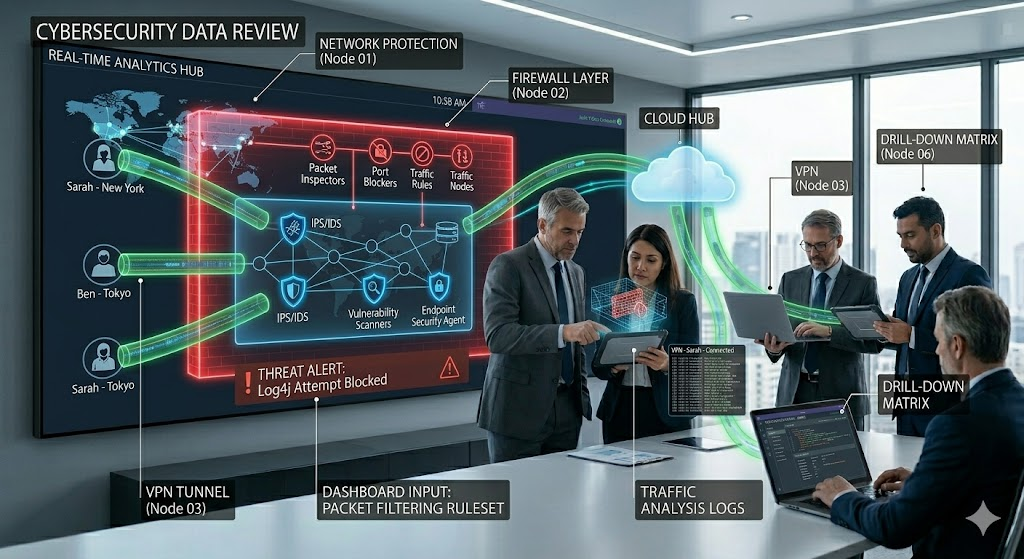 Illustration of cybersecurity measures protecting a business network