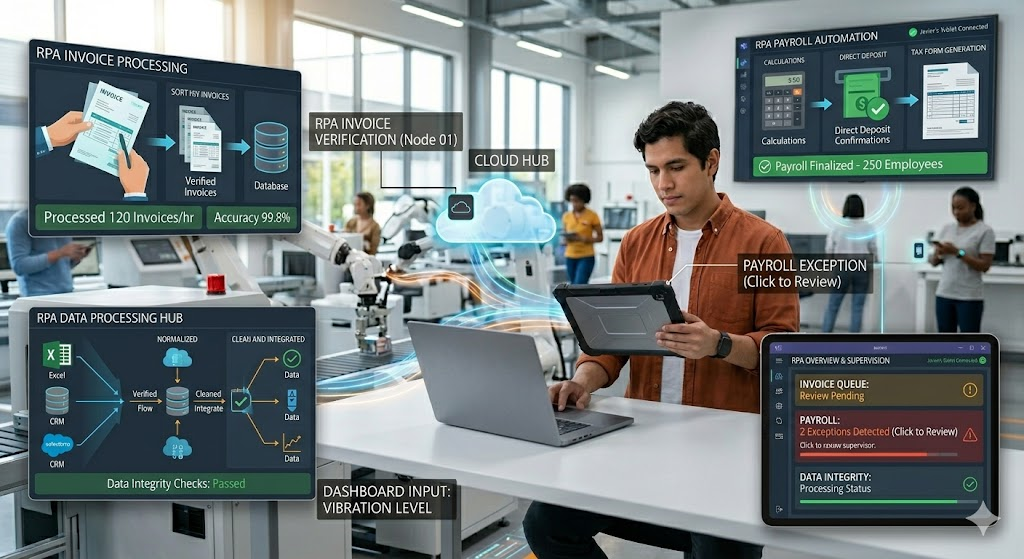 Robotic Process Automation handling administrative tasks alongside human employees