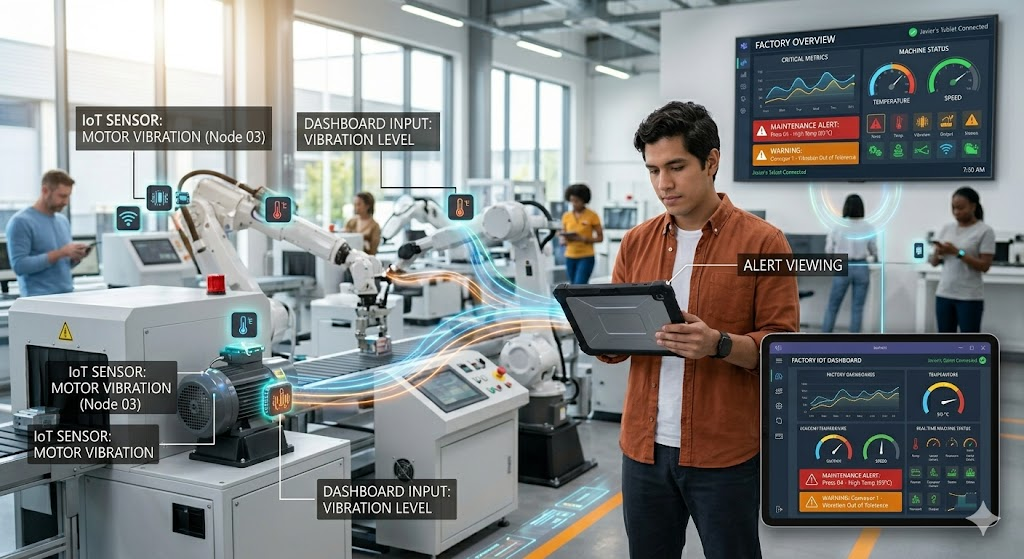 Smart factory using IoT sensors to monitor machinery for operational efficiency